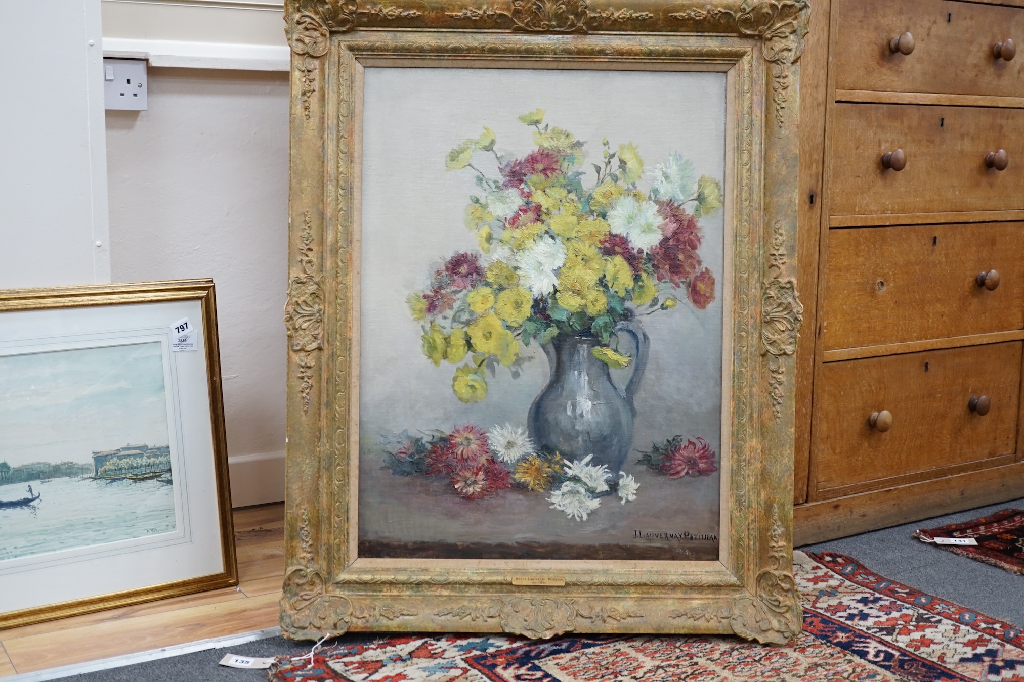 Jeanne Lauvernay-Petitjean (French, 1875-1955), oil on canvas, Still life of flowers in a jug, signed, 71 x 52cm, ornately framed with Richmond Gallery exhibition catalogue. Condition - good